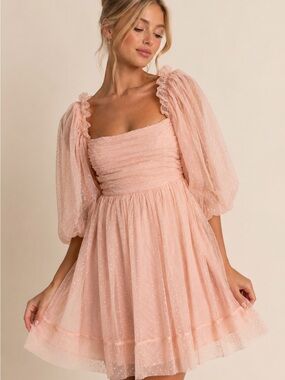 Mable Blush Pink Swiss Dot Puff Sleeve Open Back Tie Mini Dress